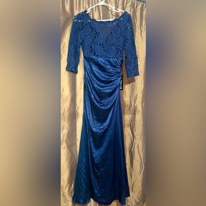 Long blue satin dress with lace top, never worn, tags still on